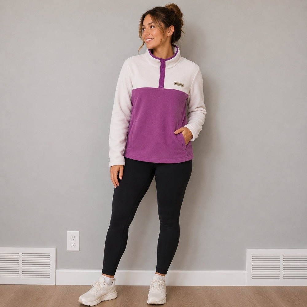 Columbia Womens Fleece Pullover Snap Front Colorblock White Purple XL 18/20